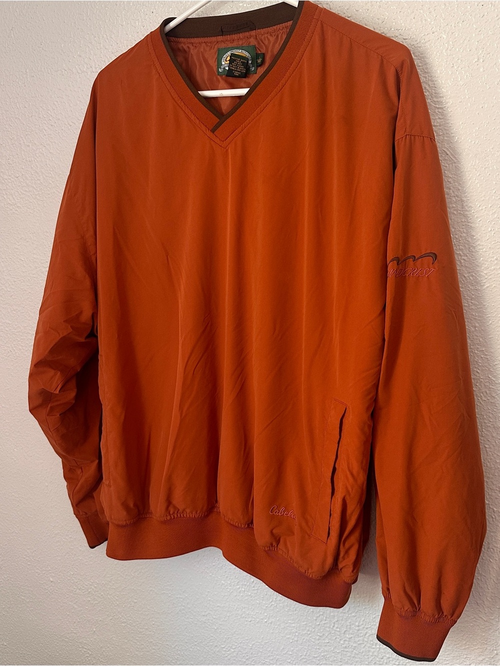 Vintage Cabelas Rust Orange Windbreaker Crewneck with Pockets Mens Large Regular